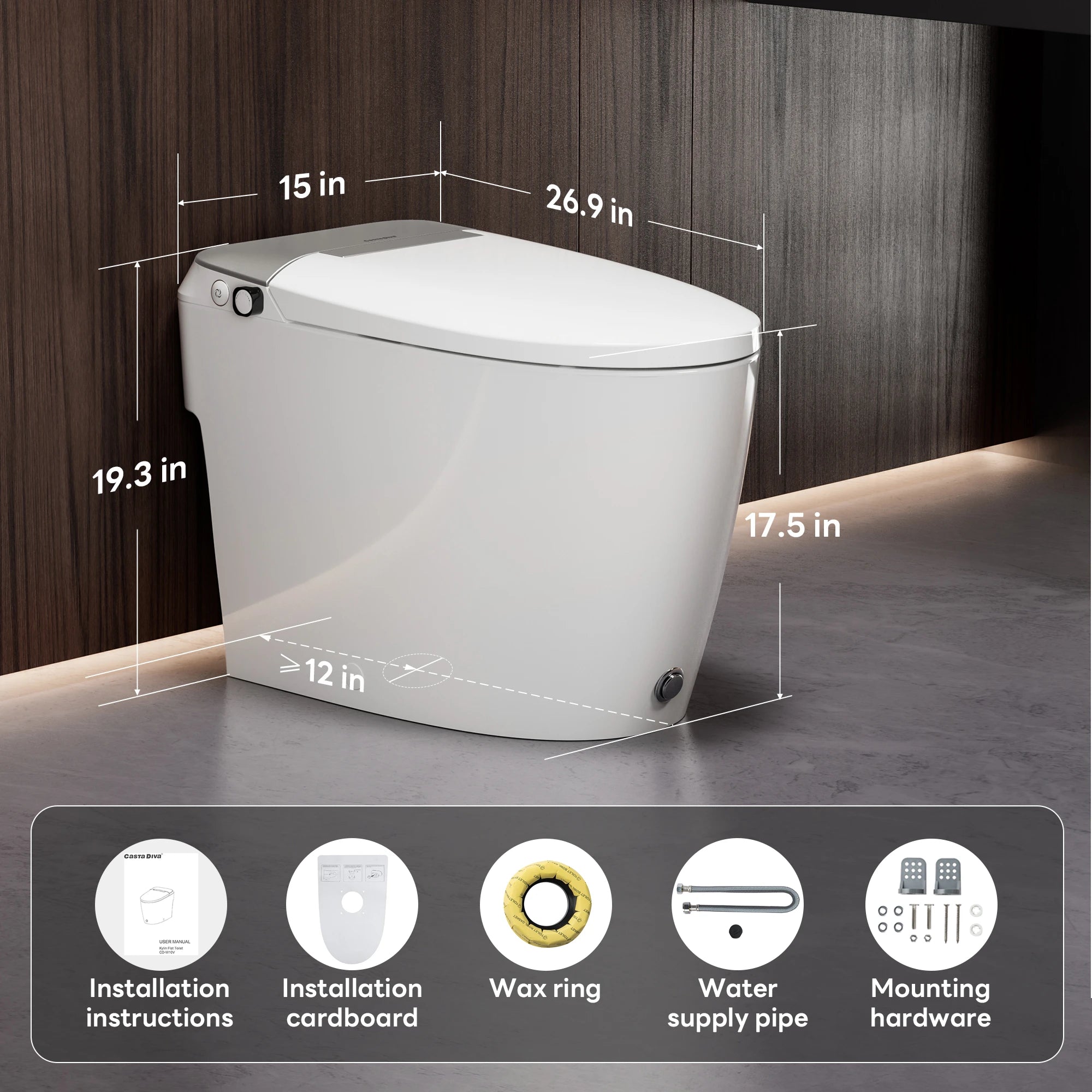 A100T-S Non-Electric Bidet Toilet, MAP 1000g Powerful Flush Smart Toilet with Lady/Rear Wash, Foot-kick Flush, ADA Comfort Seat Height (Power Free)