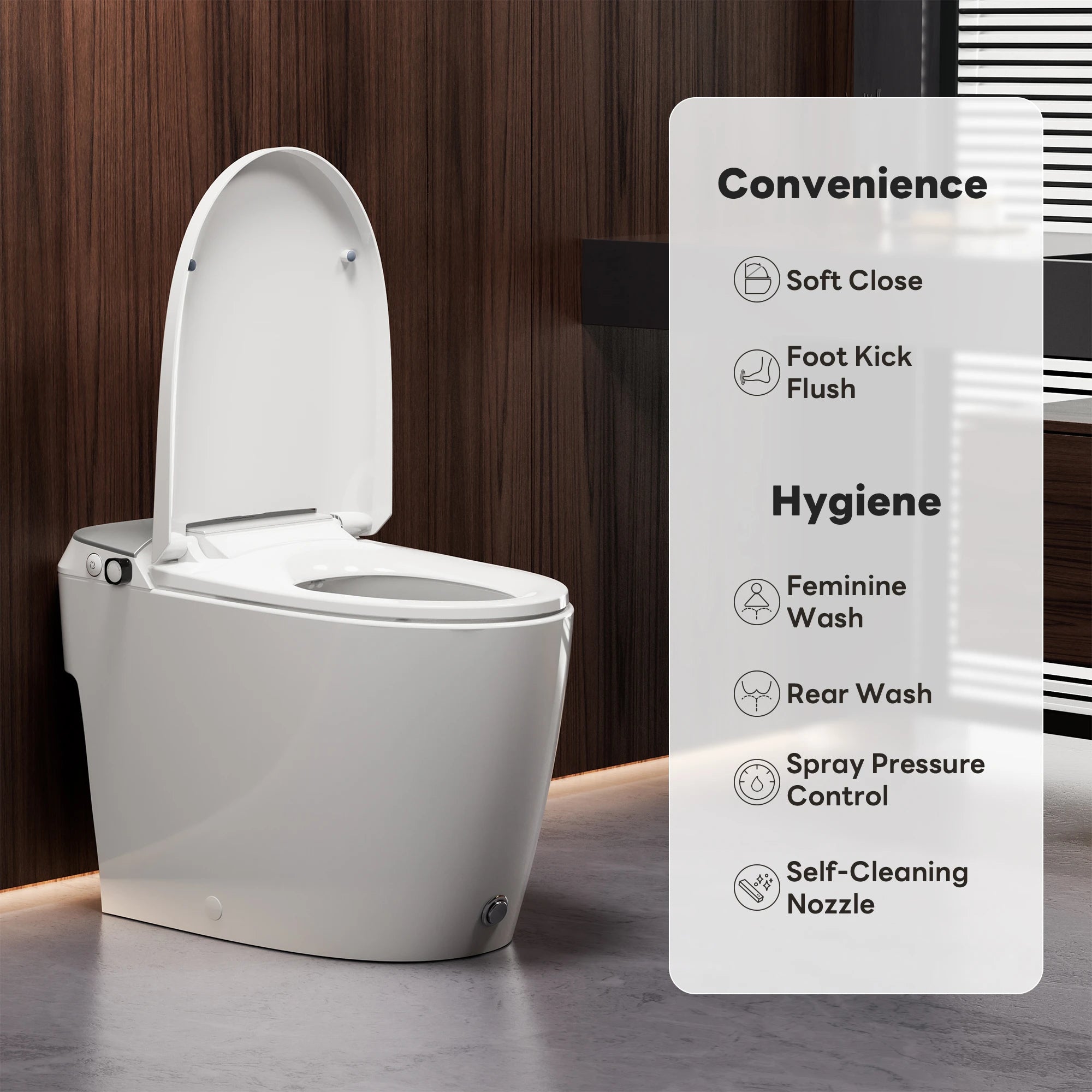 A100T-S Non-Electric Bidet Toilet, MAP 1000g Powerful Flush Smart Toilet with Lady/Rear Wash, Foot-kick Flush, ADA Comfort Seat Height (Power Free)