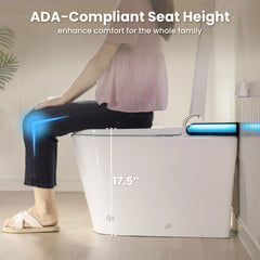 ADA Comfort Height Smart Bidet Toilet with Auto Open/Flush, Auto Temp Adjust/Foam Shield, 1.06 GPF, Remote Control
