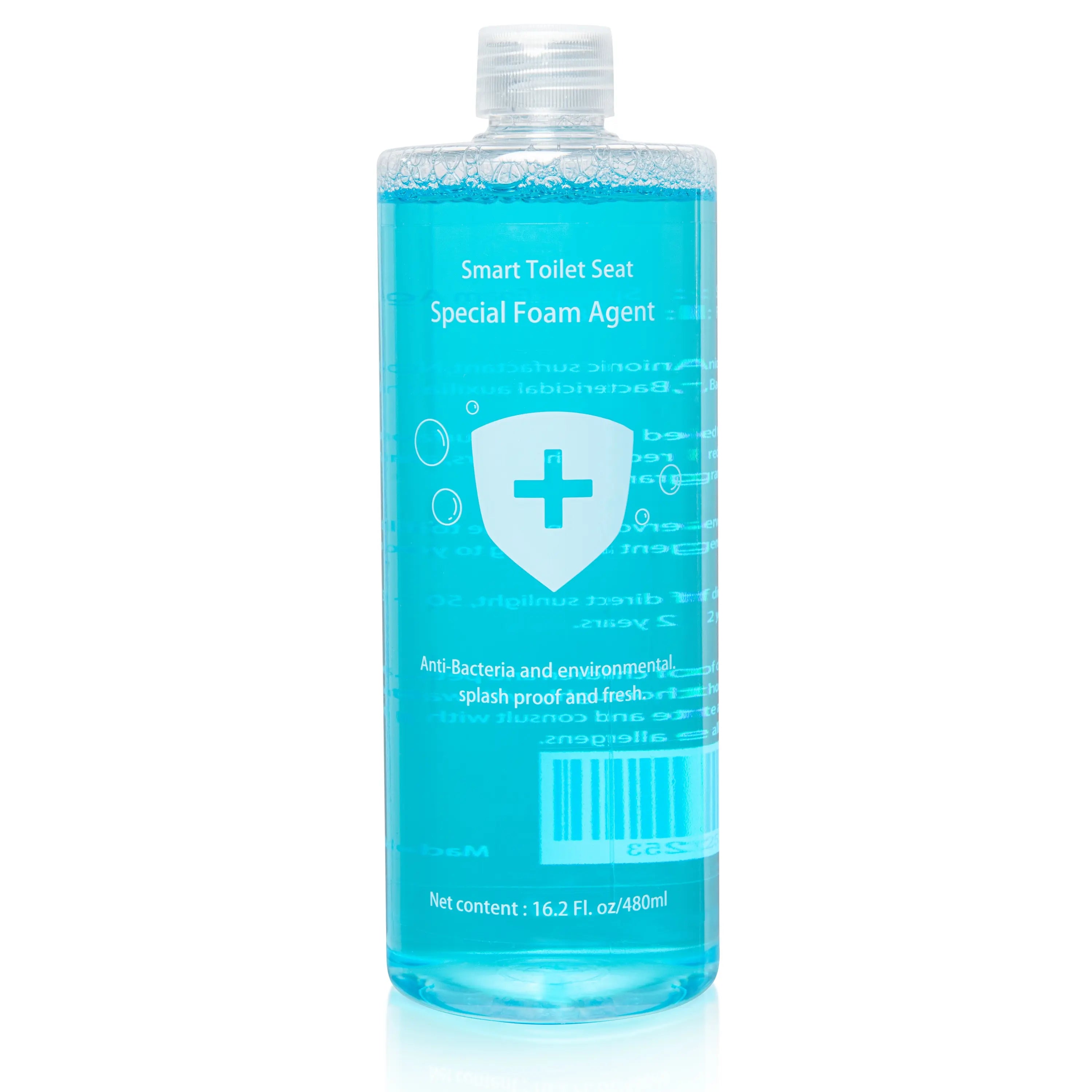 A 16.2 fl oz clear plastic bottle of Smart Toilet Seat Special Foam Agent with bright blue liquid and a white label, shown on a white background.