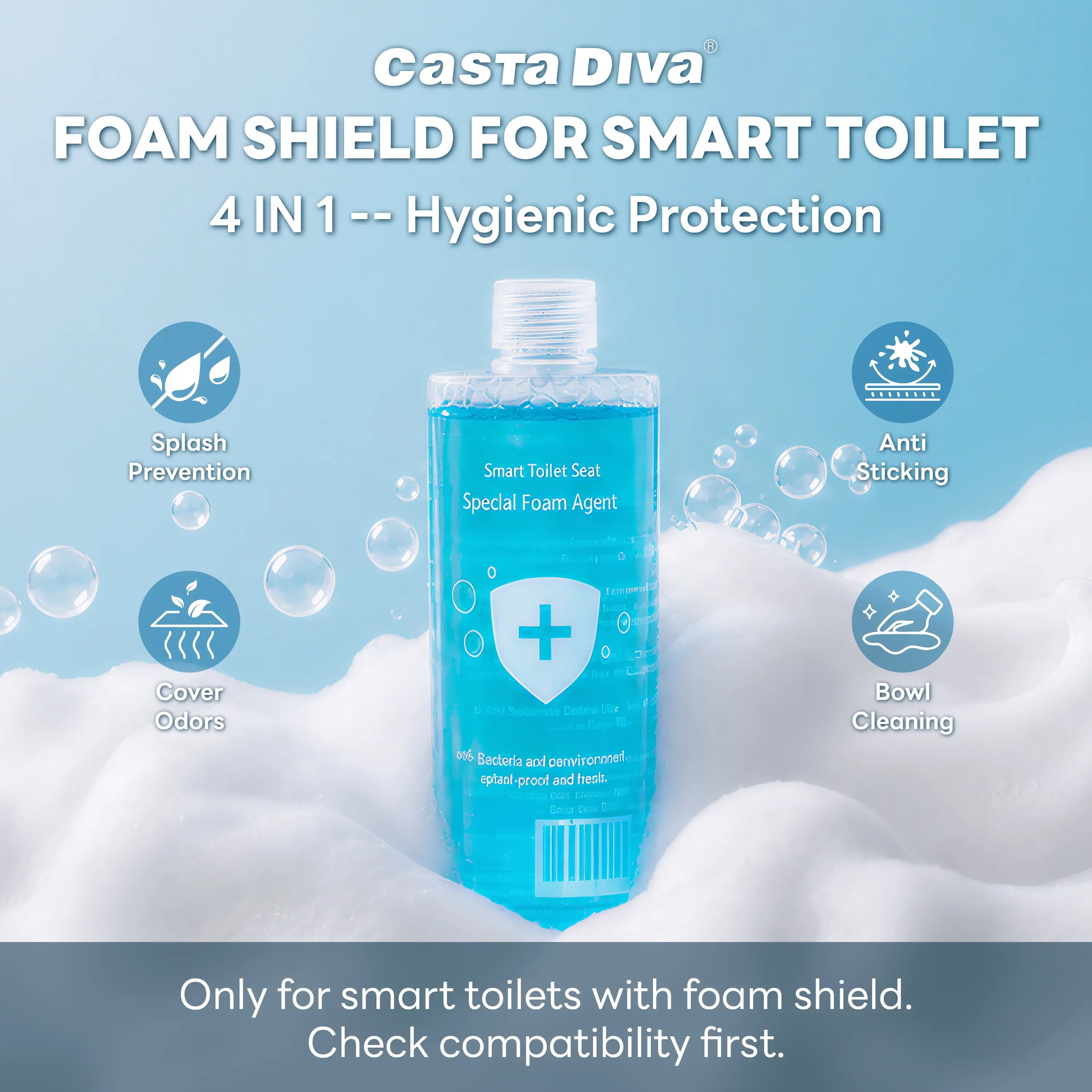 Casta Diva Foam Shield for Smart Toilet 4-in-1 hygienic protection agent in a clear bottle, displayed on a background of white foam bubbles and a light blue sky, with feature icons for splash prevention, anti sticking, odor coverage, and bowl cleaning.