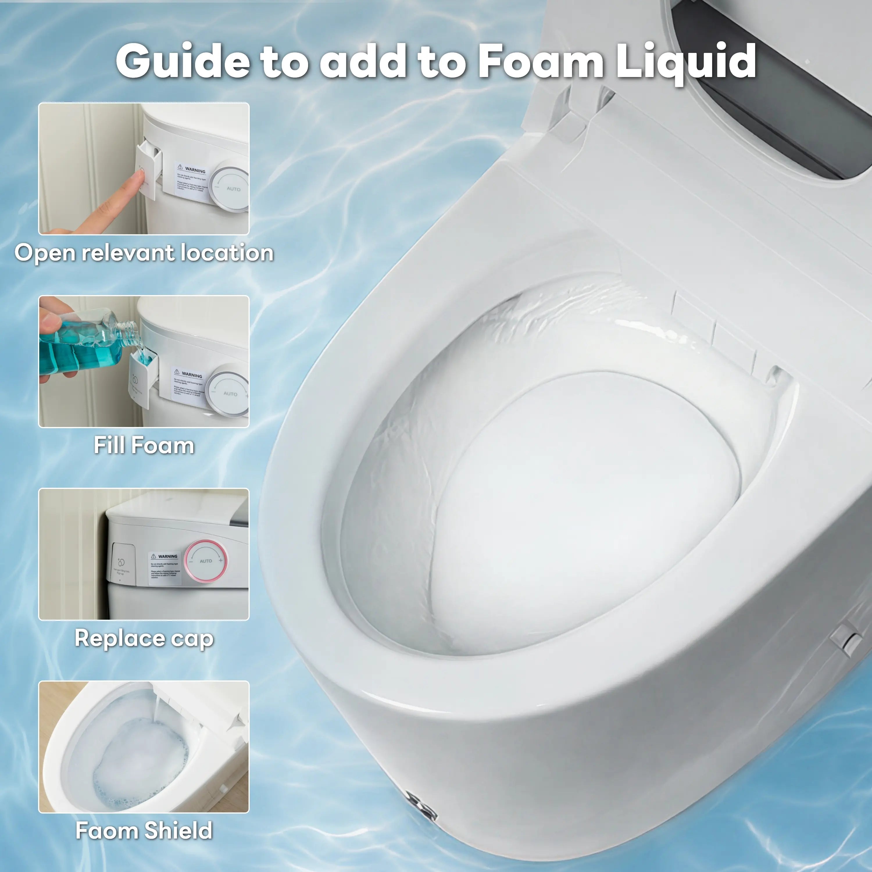 Instructional graphic showing how to add foam liquid to a toilet cleaning device, with a large white toilet bowl on a blue water-textured background and four smaller inset steps labeled 'Open relevant location,' 'Fill Foam,' 'Replace cap,' and 'Foam Shield.'.