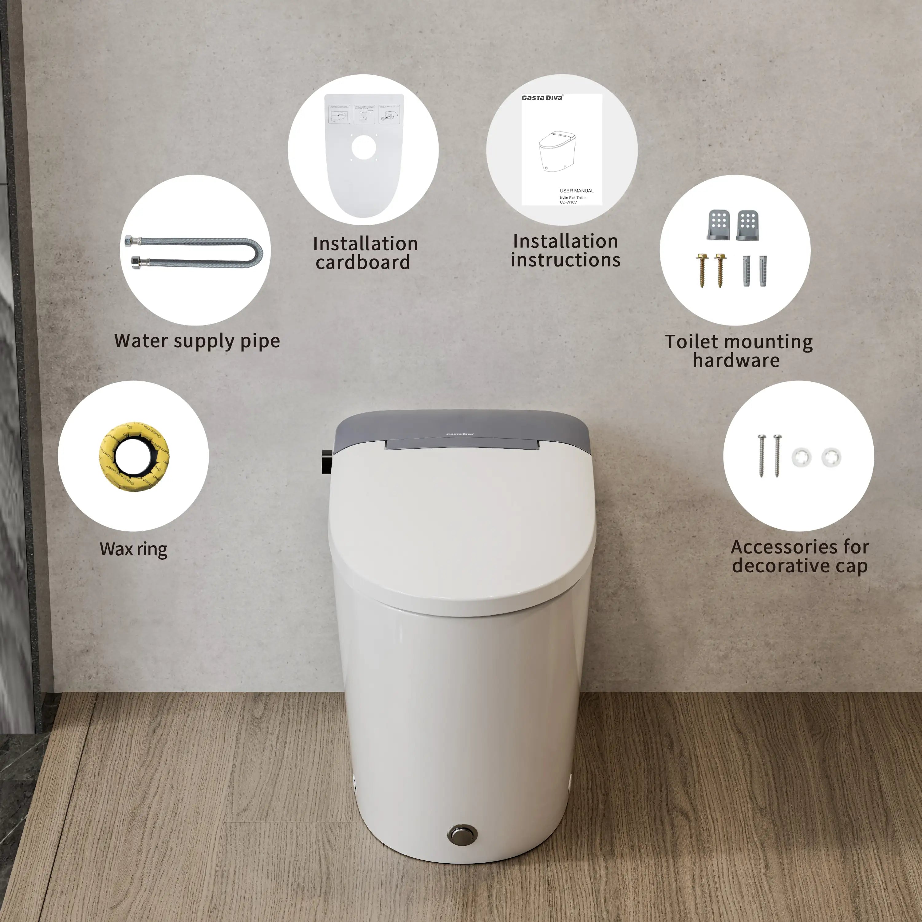 Casta Diva Non-Electric Bidet Toilet, Air-Assisted Flush, Self-Cleaning Nozzles, Space-Saving Design | CD-W10V