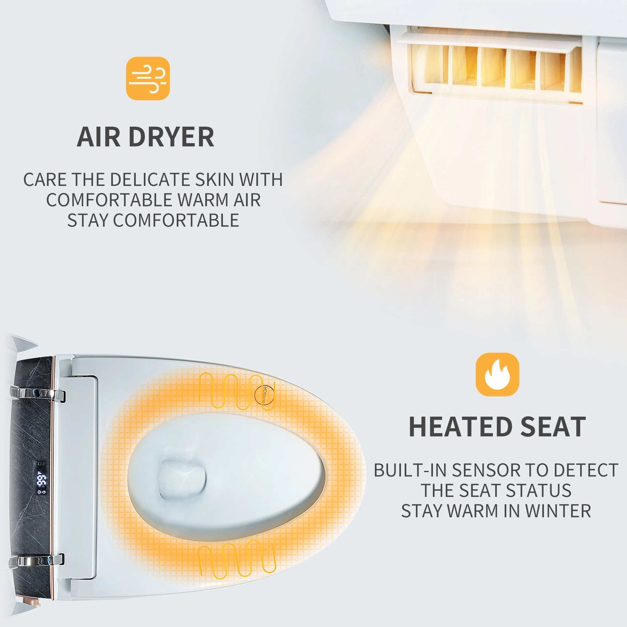 Air dryer with heated seat feature on a white background