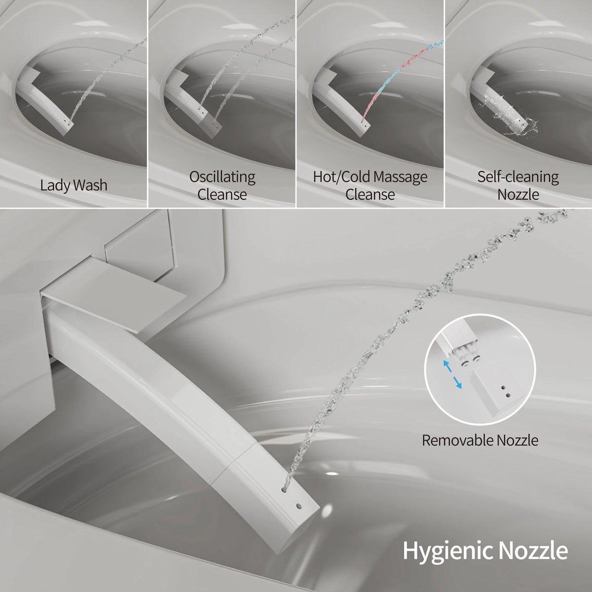 Bidet functions with rear and feminine wash modes on Casta Diva smart toilet, model CD-U010