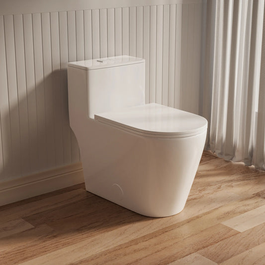 Left side view of Casta Diva elongated one-piece toilet, ADA compliant height with dual flush system, model CD-T005