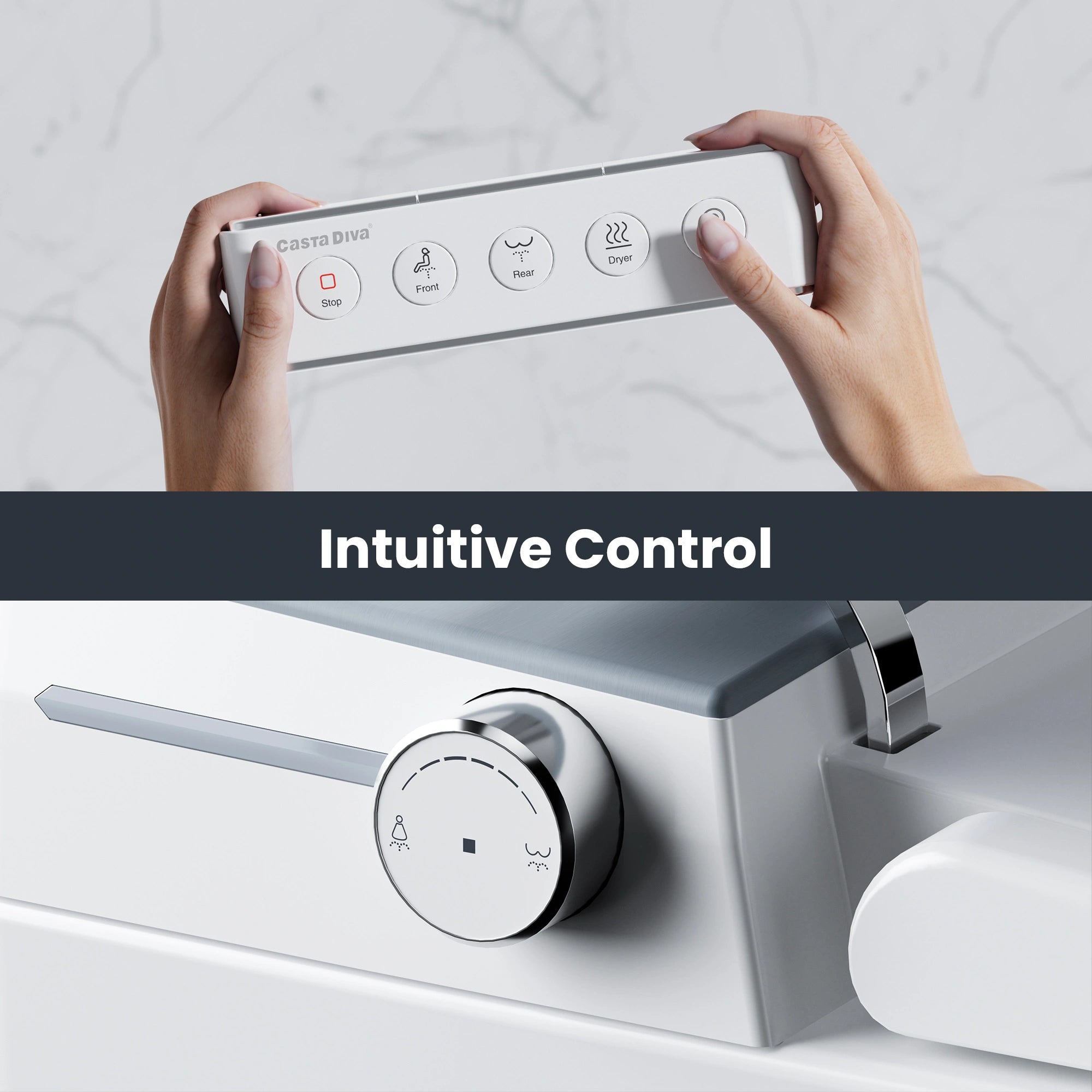 Control panel with buttons being pressed and a dial on a white appliance, with 'Intuitive Control' text.