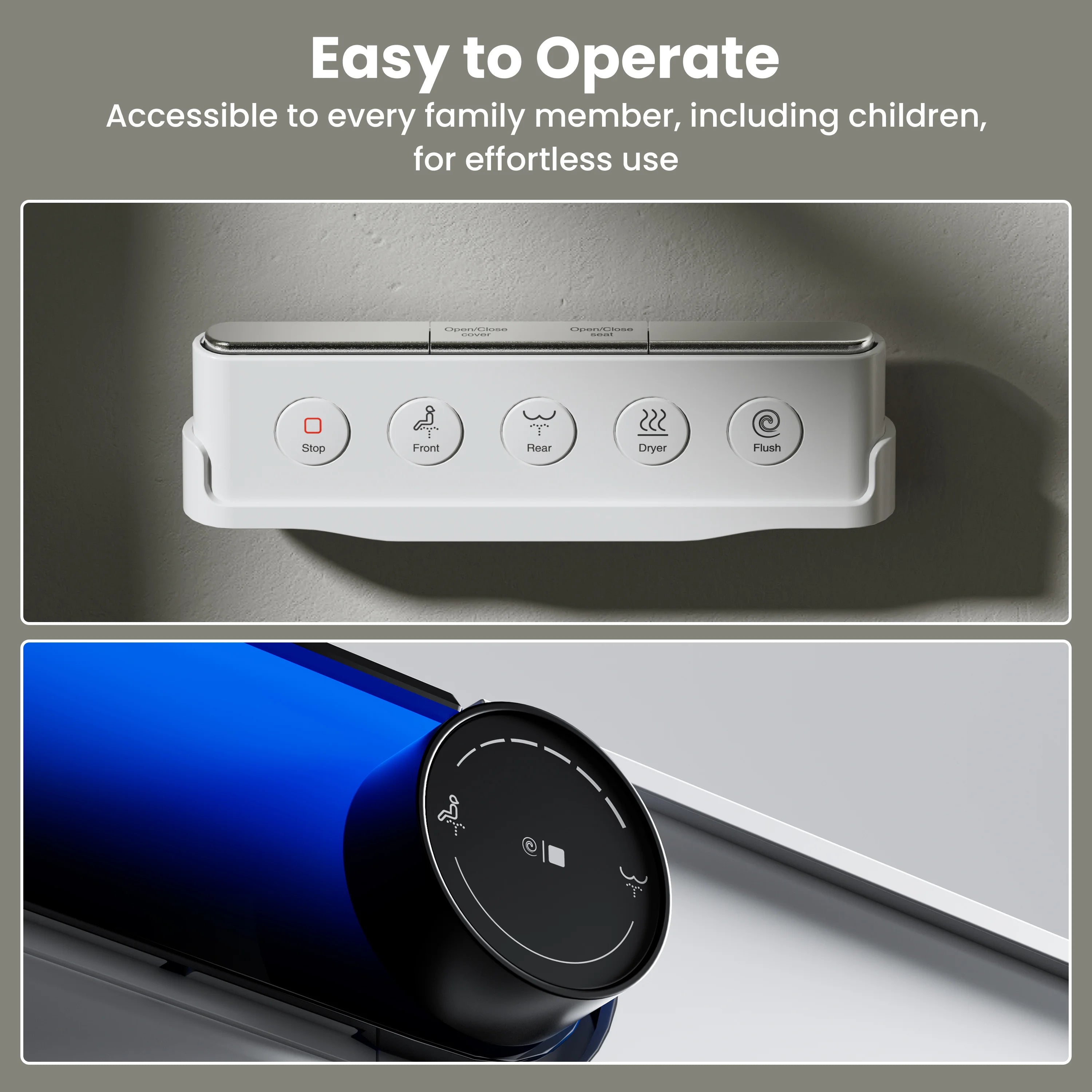 Control panel with buttons and text indicating ease of operation for family members, including children.