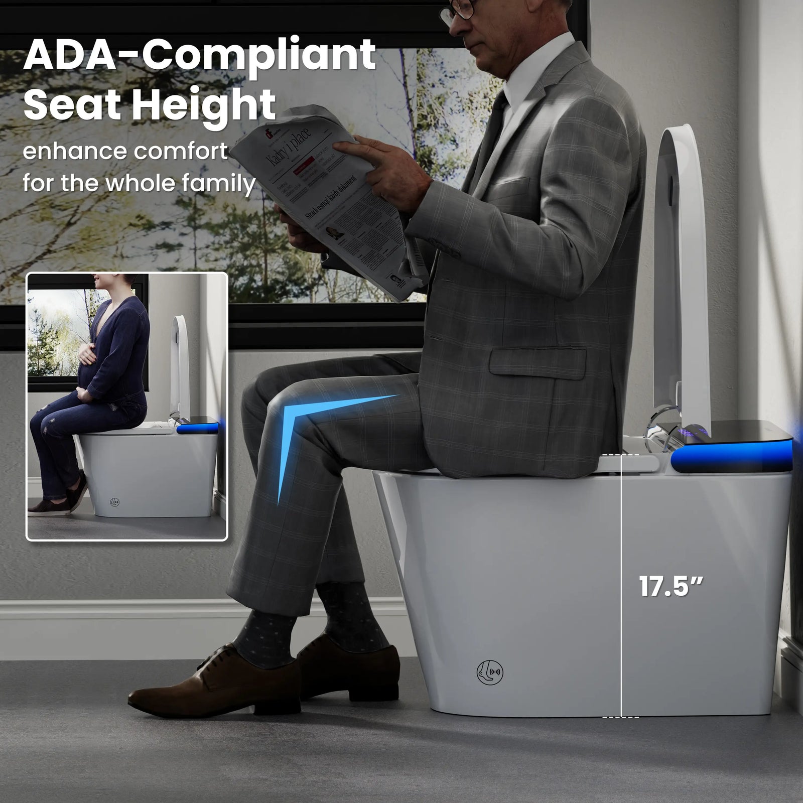 Man in a suit sitting on an ADA-compliant toilet with text highlighting seat height and comfort.