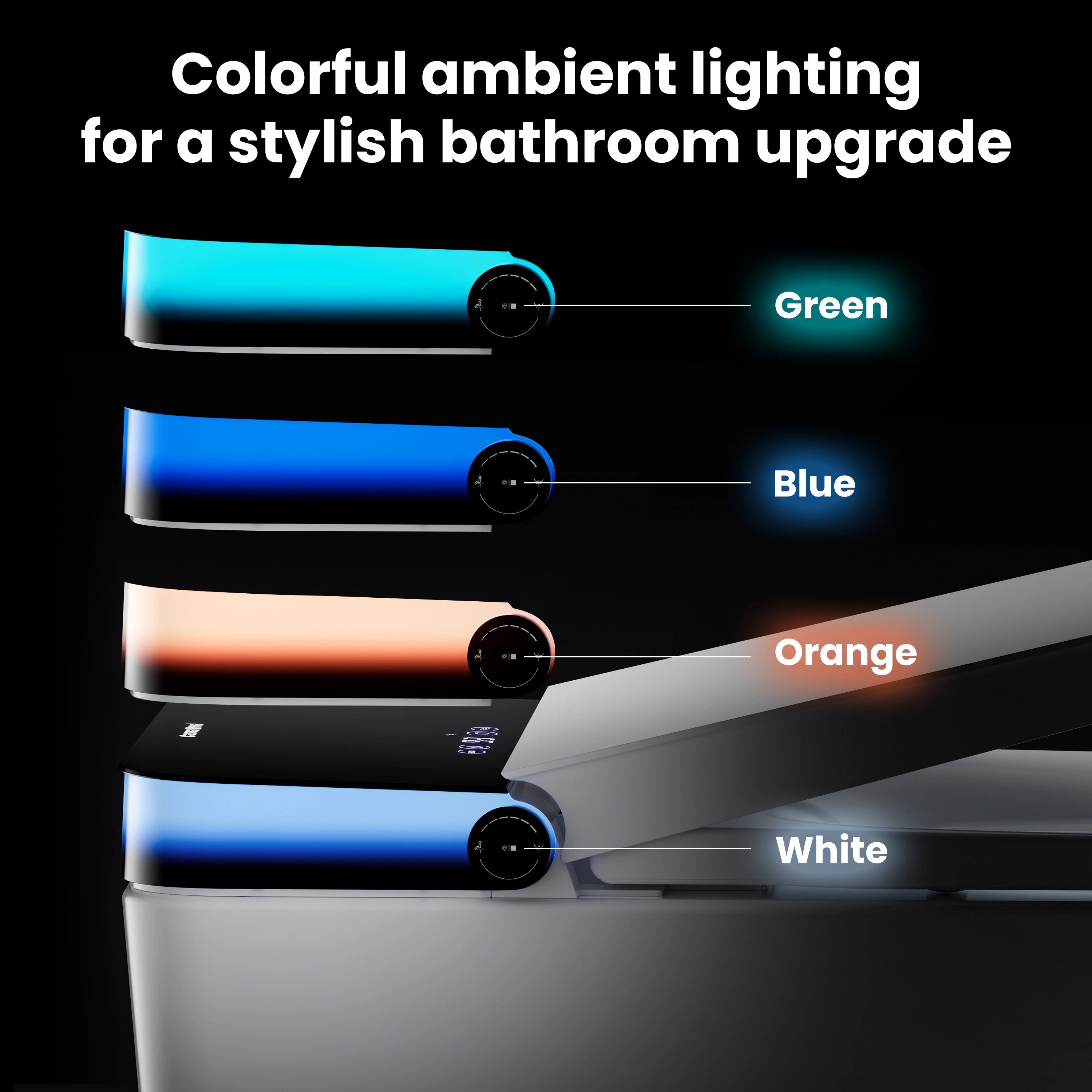 Colorful ambient lighting options for a bathroom upgrade with labels on a black background.
