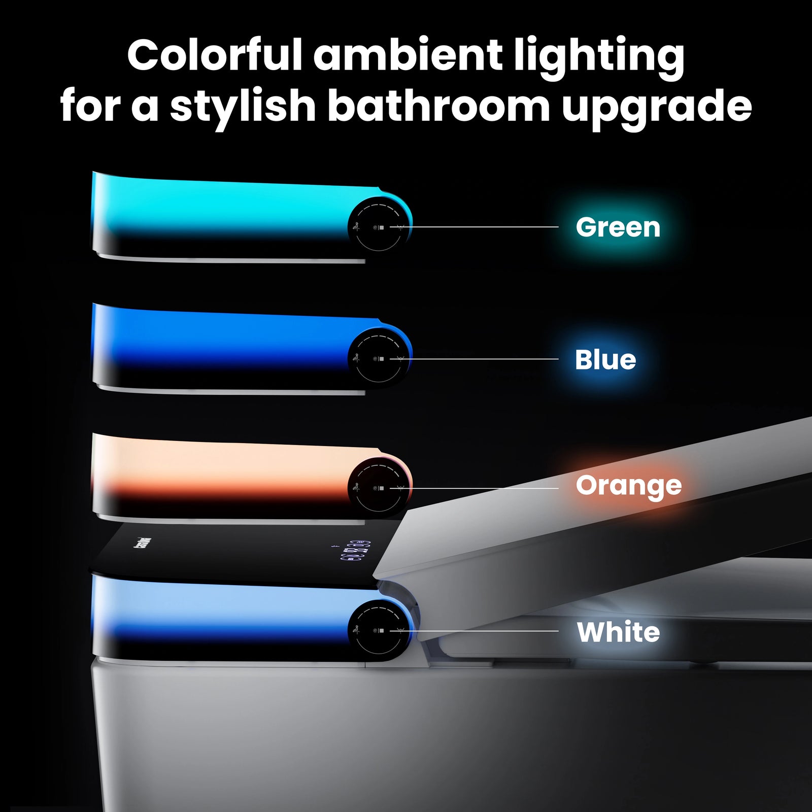 Colorful ambient lighting options for a bathroom upgrade with labels on a black background.