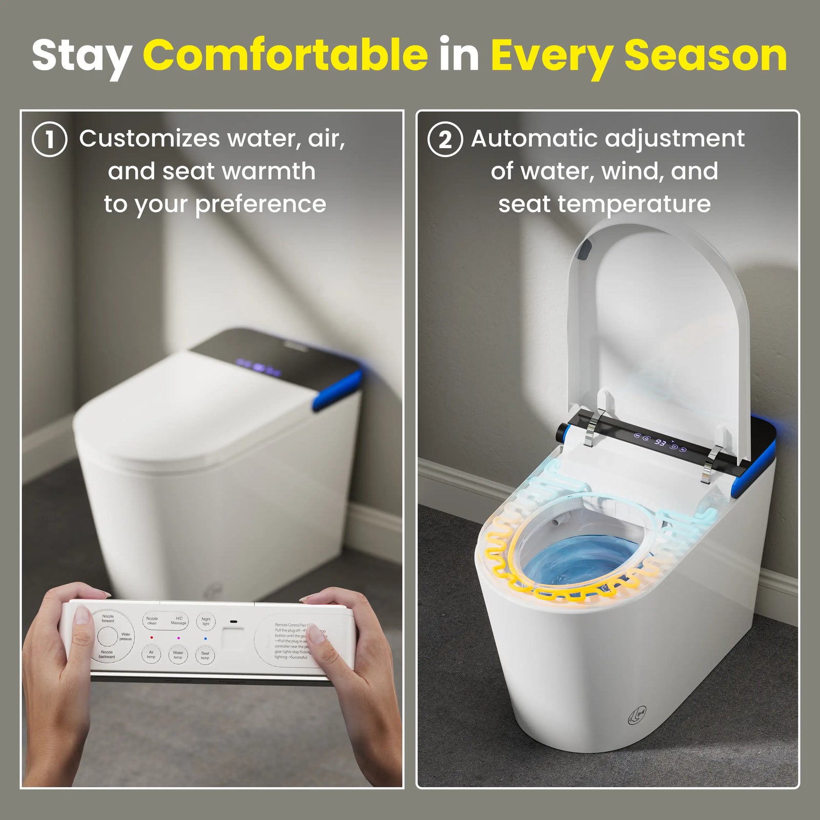 Smart toilet with temperature control features and remote control on a gray background