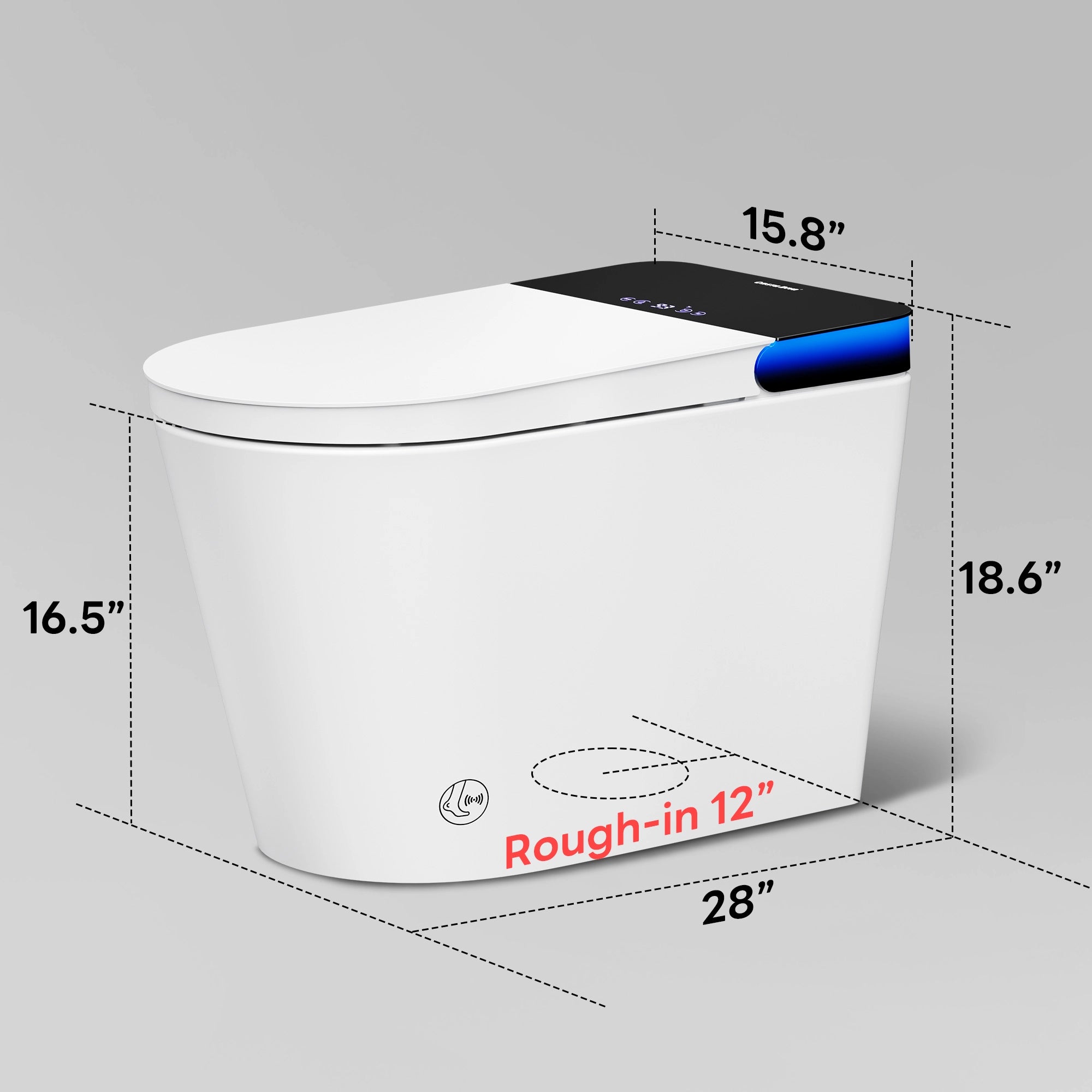 White toilet with dimensions labeled on a gray background