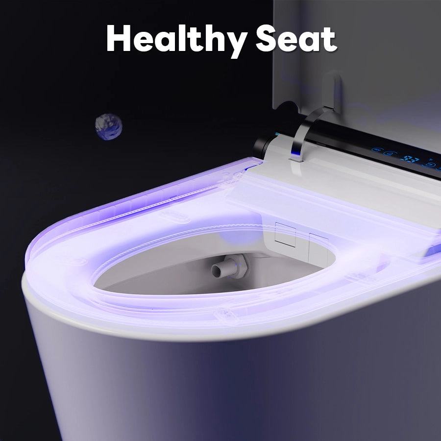 Toilet seat with glowing purple light and 'Healthy Seat' text on a dark background