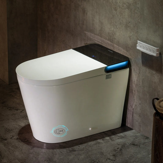 Modern toilet bowl with digital display in a bathroom setting