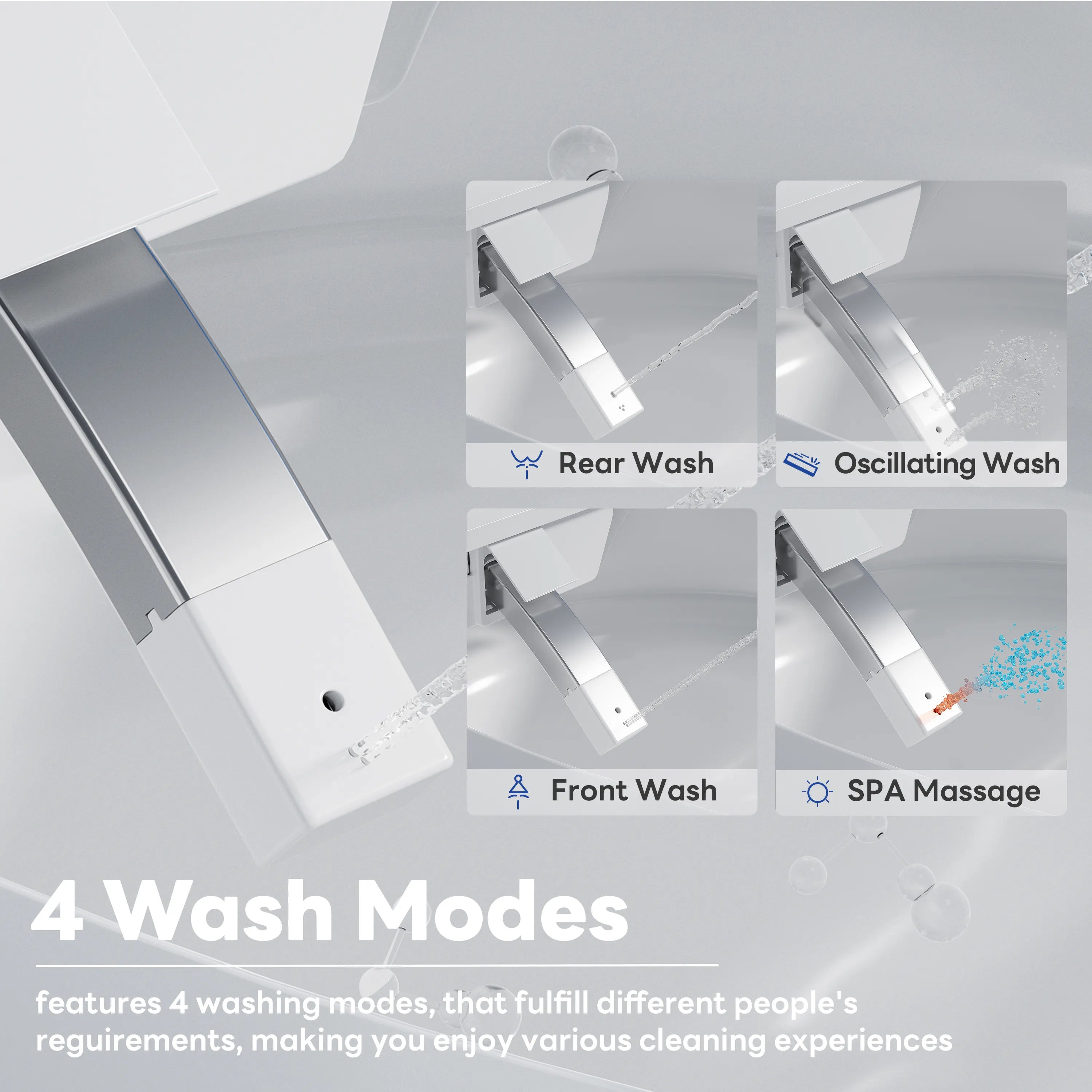 Four wash modes including rear, feminine, massage, and oscillating spray on Casta Diva smart toilet, model CD-Y010POV