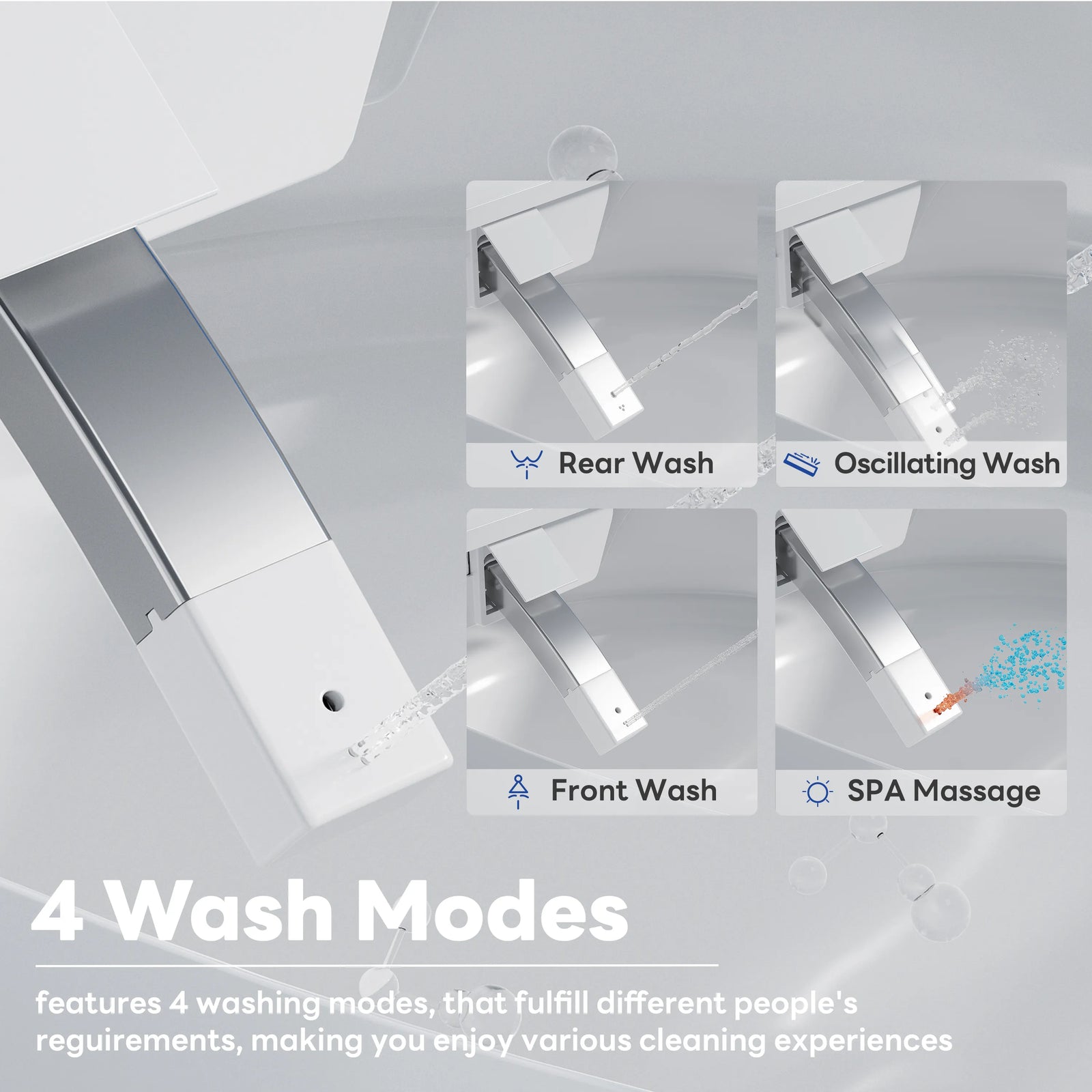 Four wash modes including rear, feminine, massage, and oscillating spray on Casta Diva smart toilet, model CD-Y010POV