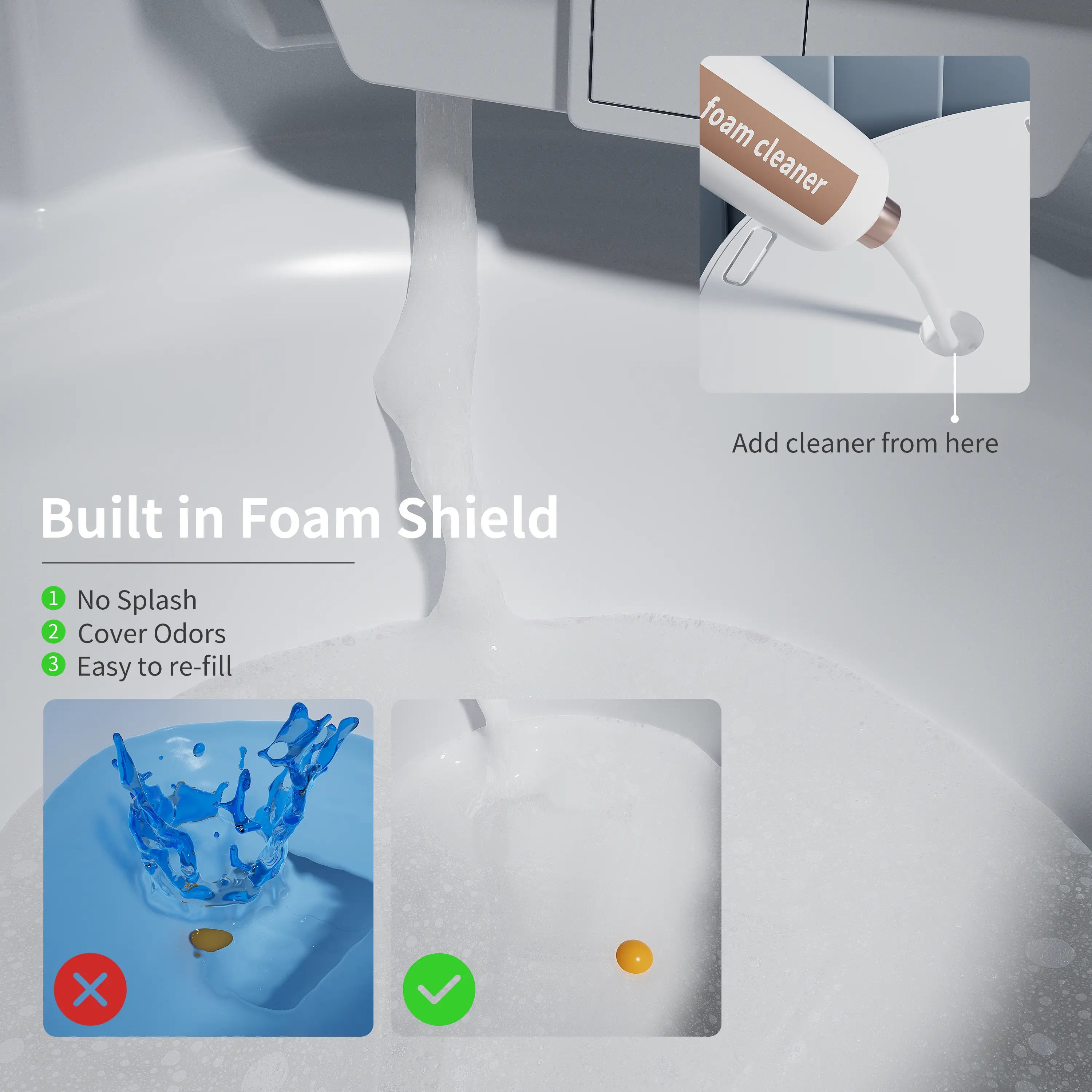 Foam shield system with cleaning feature on a toilet