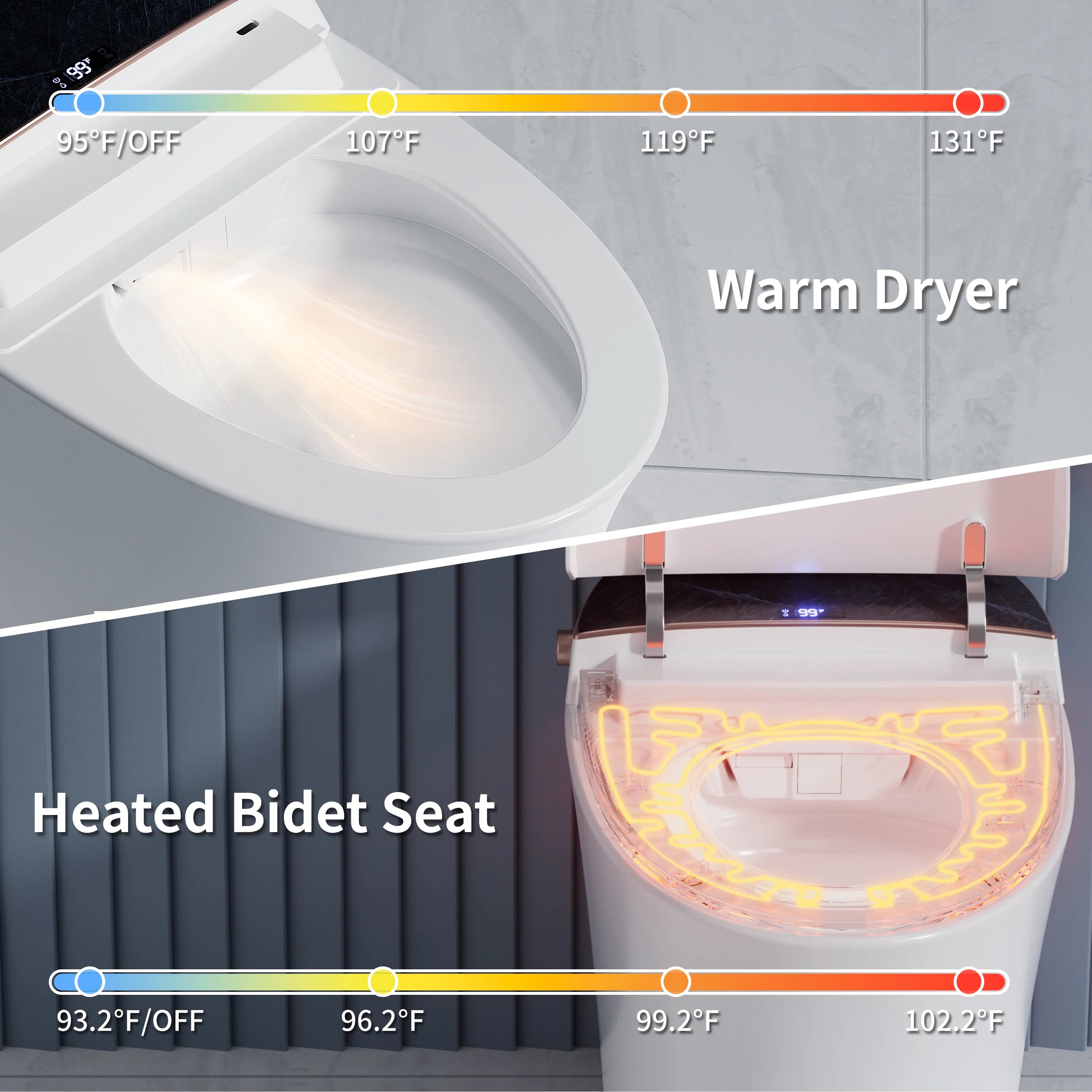Heated seat and warm air drying functions on Casta Diva smart toilet, model CD-Y010POV
