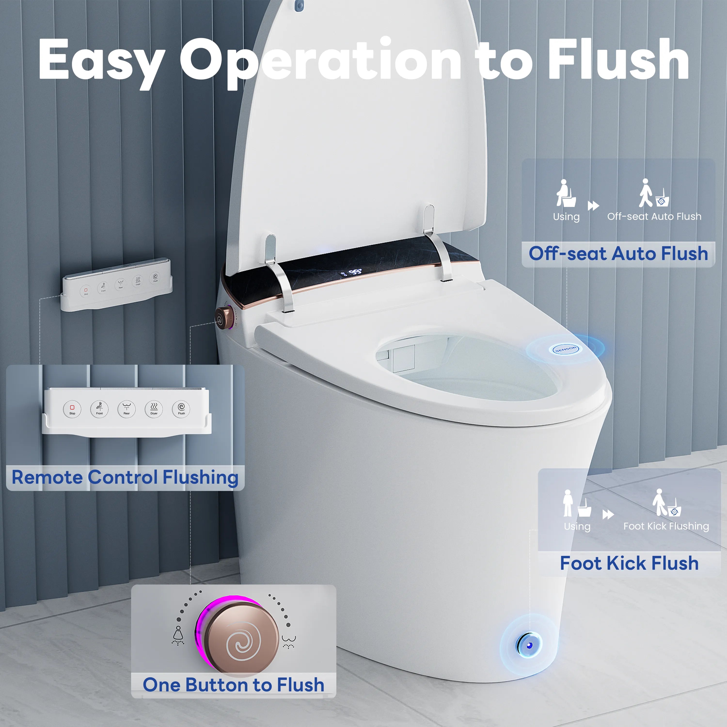 One-touch easy flush operation demonstration on Casta Diva smart toilet, model CD-Y010POV