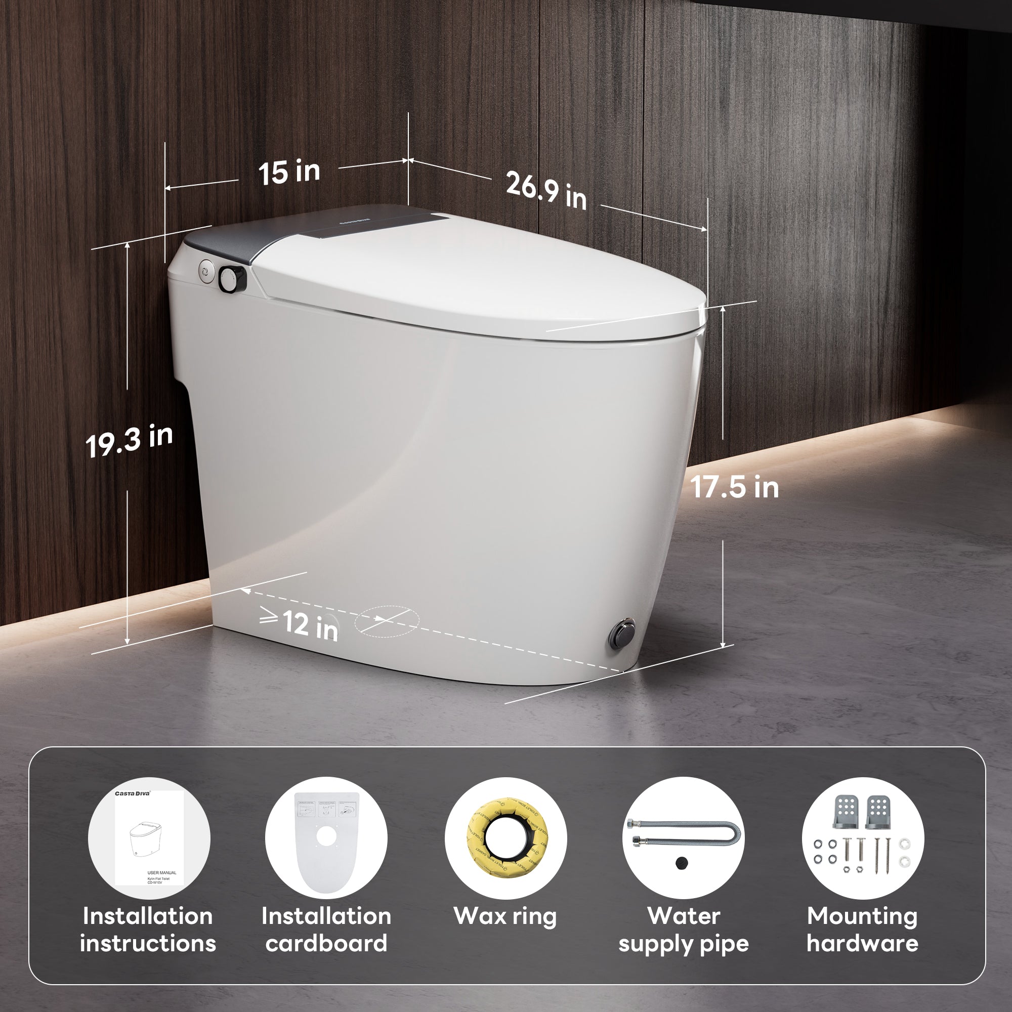 A100T Non-Electric Bidet Toilet, MAP 1000g Powerful Flush Smart Toilet with Lady/Rear Wash, Foot-kick Flush, ADA Comfort Seat Height (Power Free)